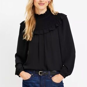 LOFT Black Ruffled Mock-Neck Blouse